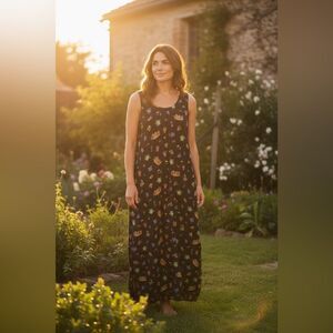 Nina Piccalino Black Floral Novelty Garden Cottage Maxi Tank Dress Coastal Sz 12